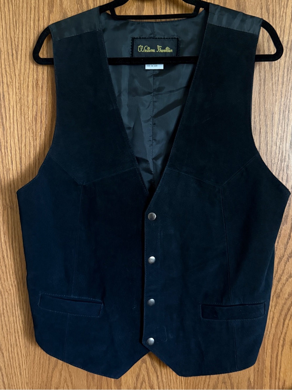 Vintage Western Frontier Black Suede Leather Vest Pockets 4 Snaps Men's Size Lg